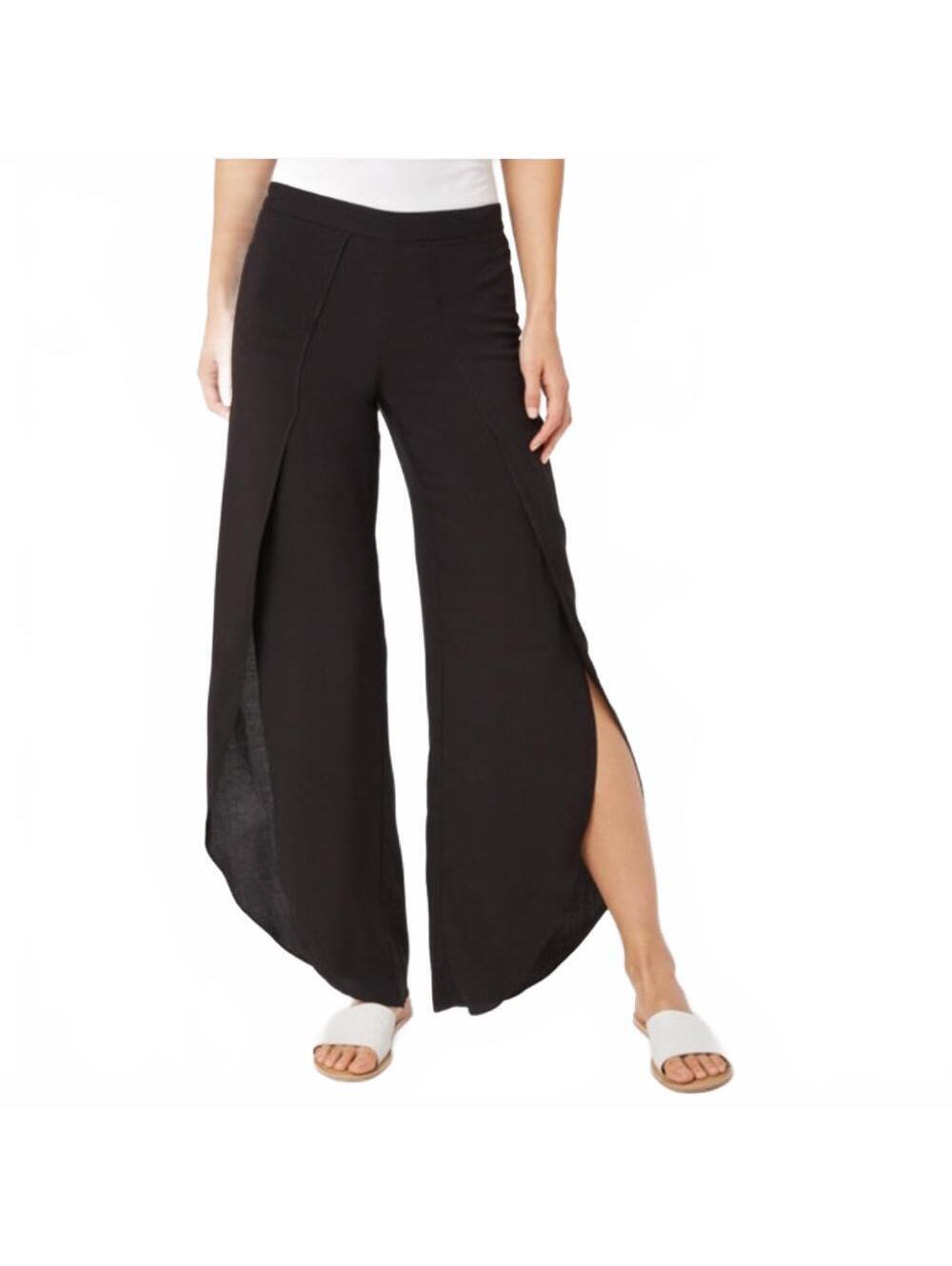 Drew Double Gauze Cotton Pants Wide Split Leg Tulip Hem Lagenlook Black Large